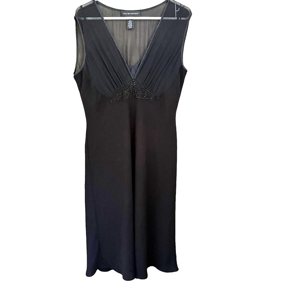 Vtg Y2K Jones NY Black Formal Cocktail Dress 16 Beaded Empire Waist V-Neck LBD